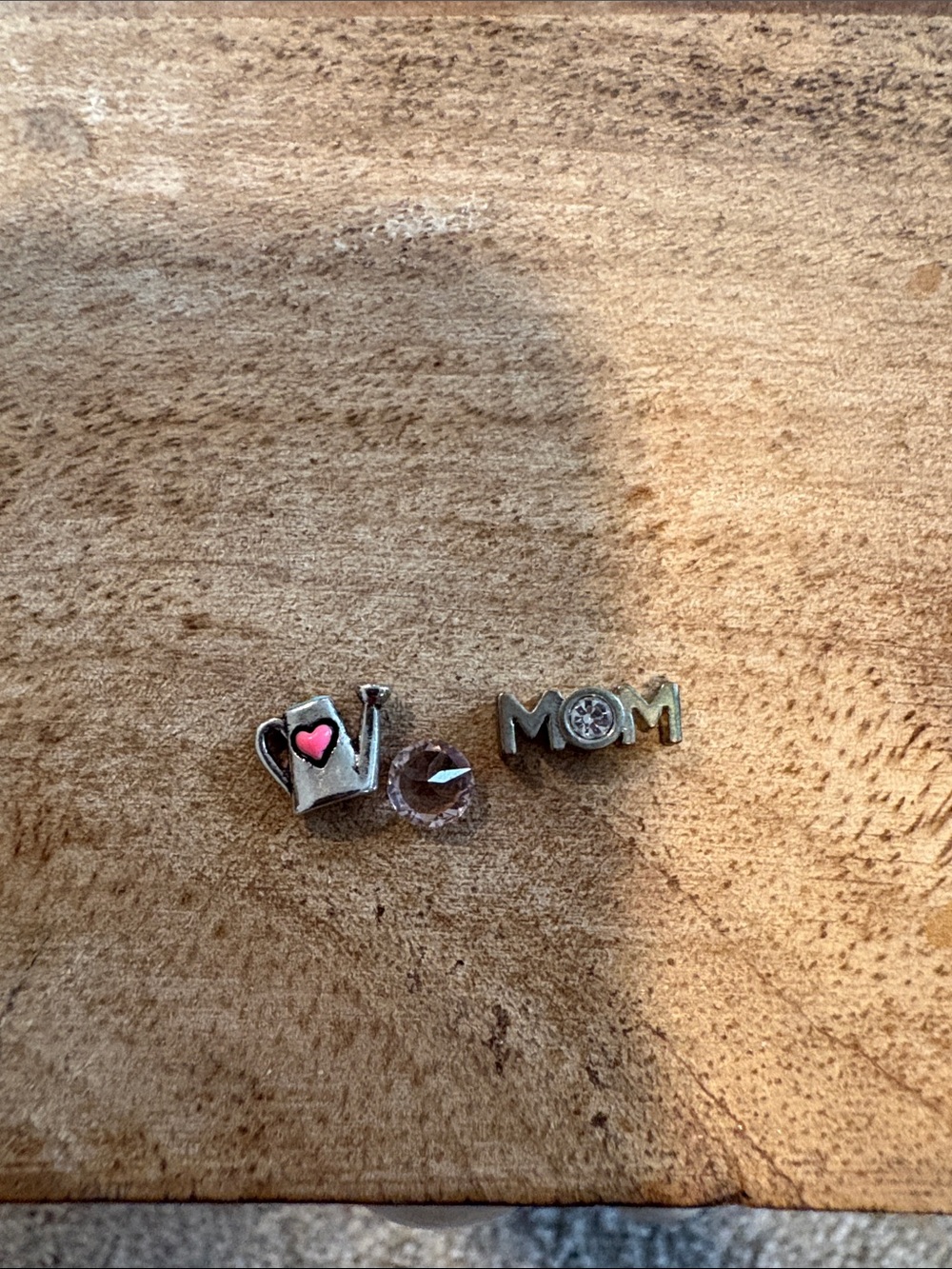 Origami Owl Silver MOM and Watering Can Charms with Pink Heart and Clear Crystal